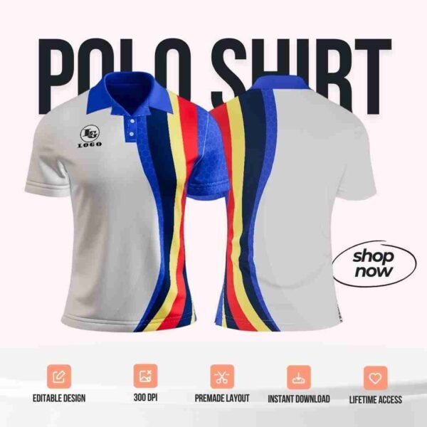 White/Blue/Yellow/Orange Polo Shirt Design